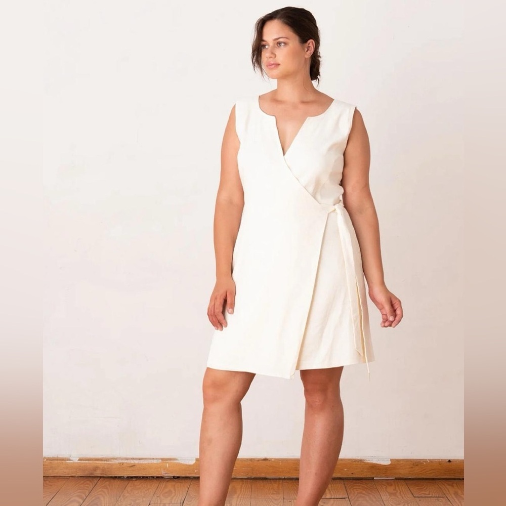 Aday Sz L Wind Down Off White Linen Blend Sleeveless Wrap Dress
